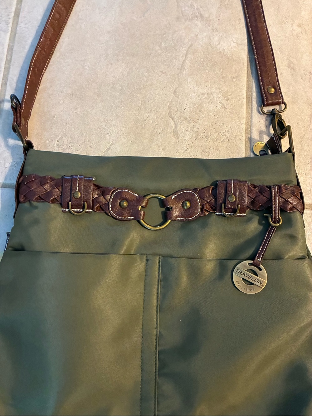 Travelon Olive Green Crossbody with Brown Braided Trim